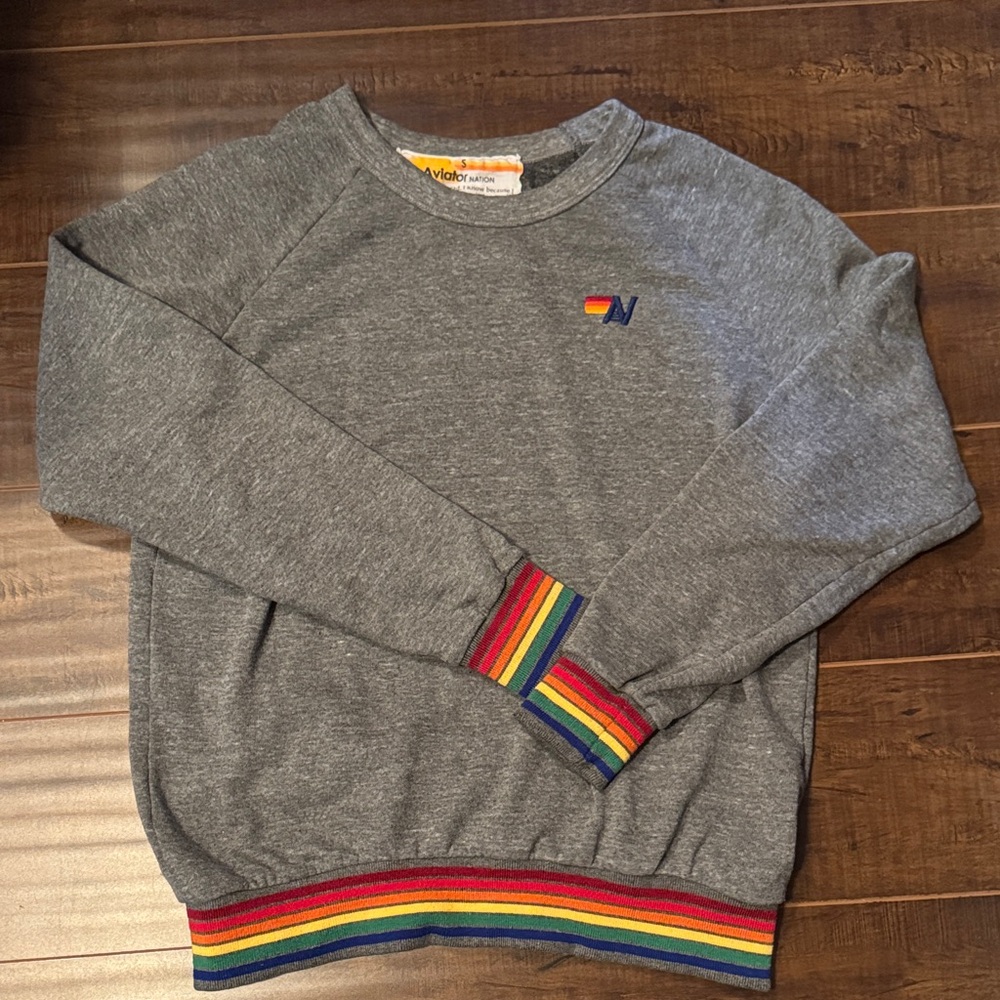 Aviator Nation Gray Crewneck with Rainbow Trim